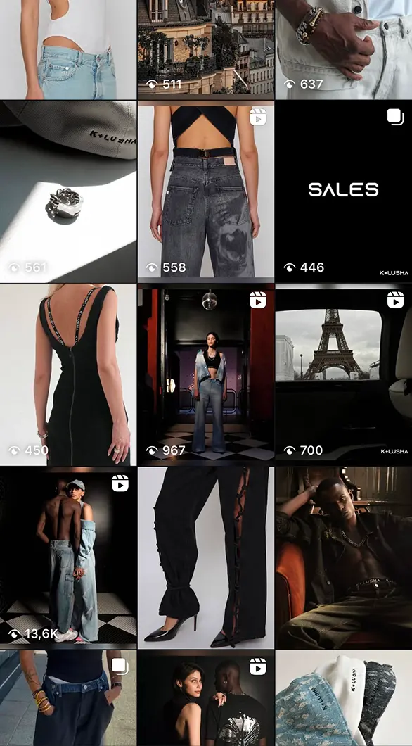 Collage of fashion images featuring models in stylish clothing, accessories, and city scenes, including close-ups of denim, jewelry, and the Eiffel Tower.