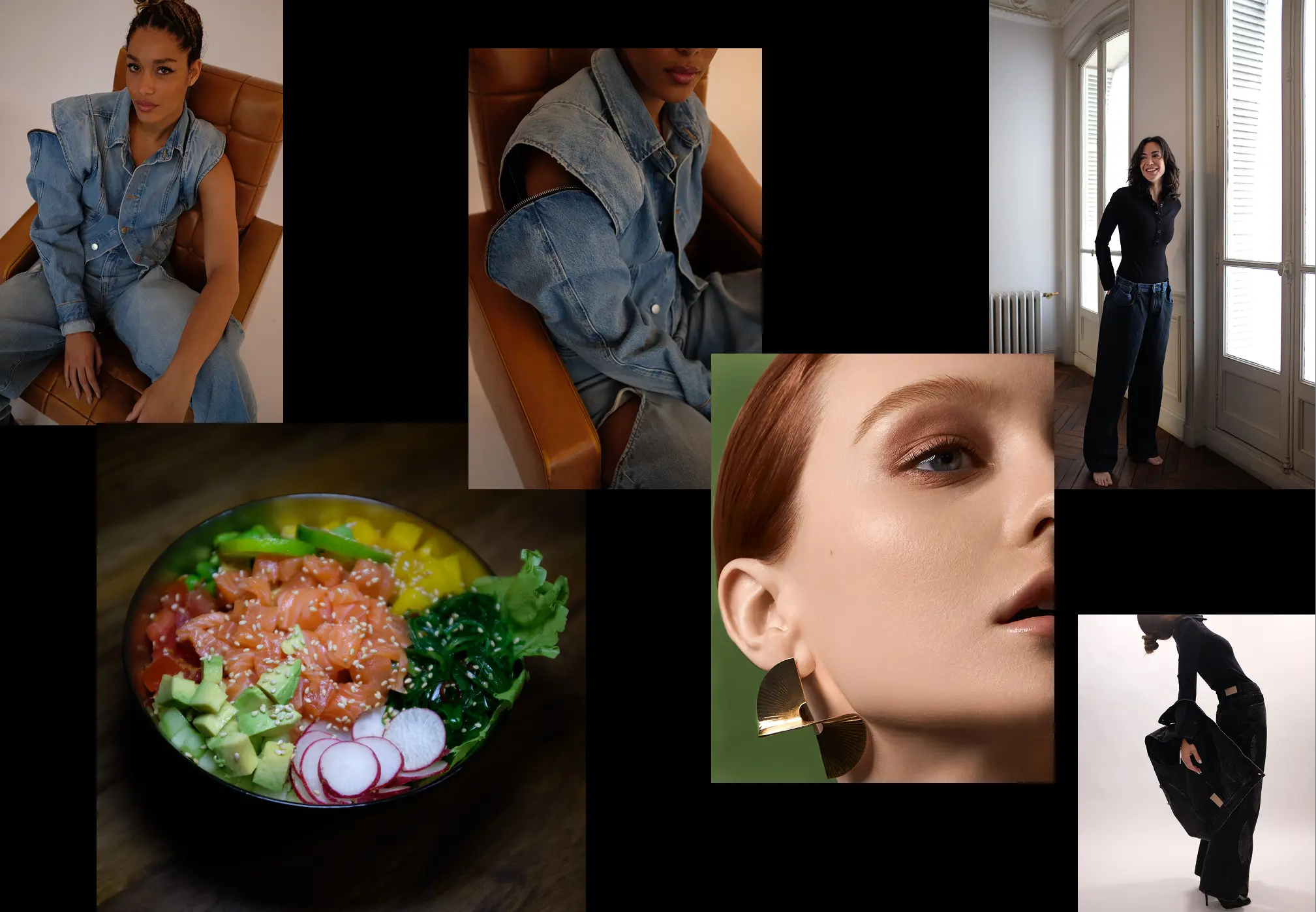 Collage of fashion and lifestyle images including a woman seated in a denim outfit, a close-up of a woman wearing gold earrings, a woman standing barefoot by a window in black top and jeans, a colorful poke bowl with vegetables and salmon, and a woman in black bending forward holding a jacket.