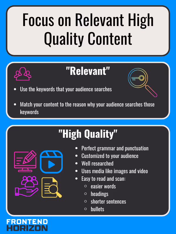 Graphic showing what relevant and high quality content means to search engines