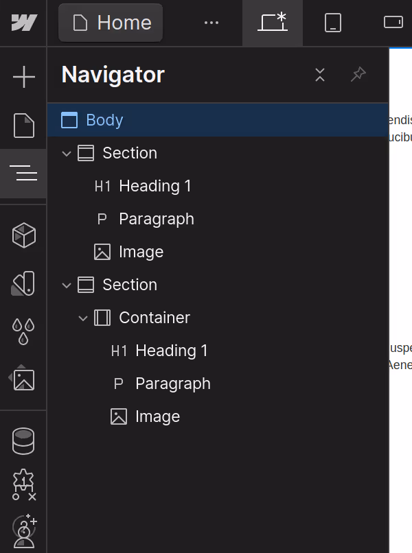 screenshot of the webflow layers navigator