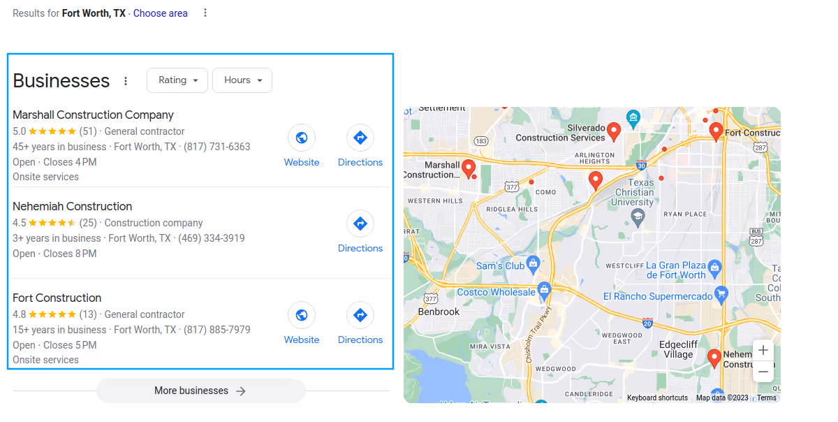 screenshot of google map pack for construction businesses in fort worth tx