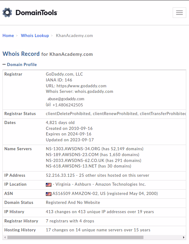 Screenshot showing whois records