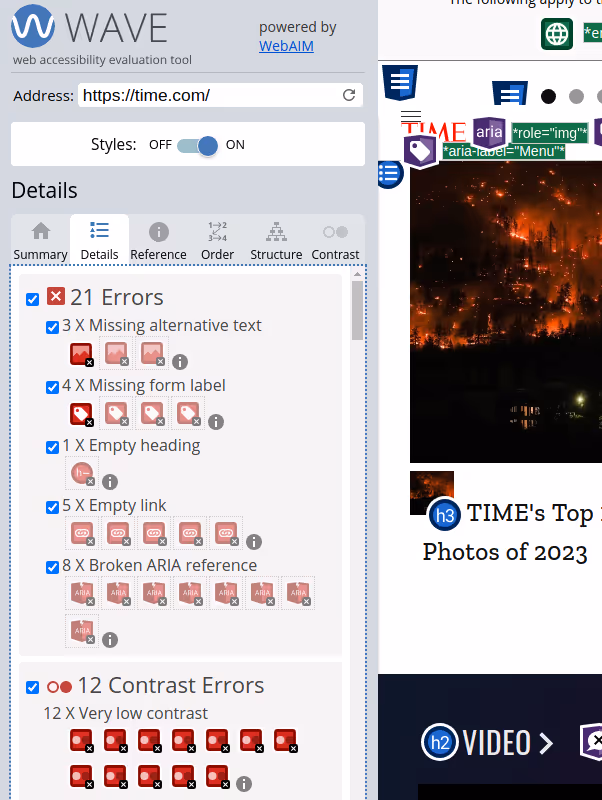 WAVE tool shows 21 errors for Time Magazine including empty links and missing alt text.