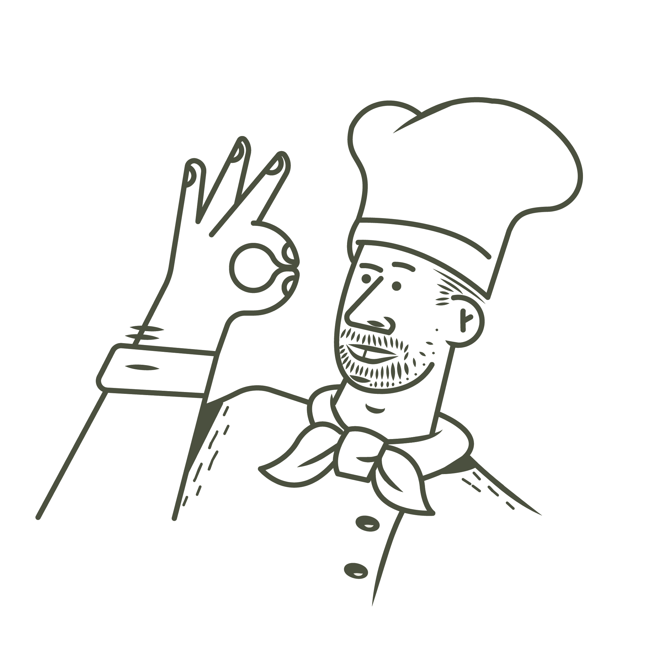 Rajzolt, mosolygó séf séfsapkában, aki az ujjaival „tökéletes” jelet mutat.