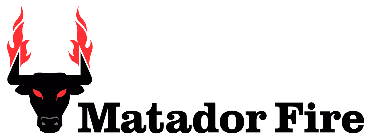 Black bull head logo with red flames on horns and red eyes next to the text 'Matador Fire'.