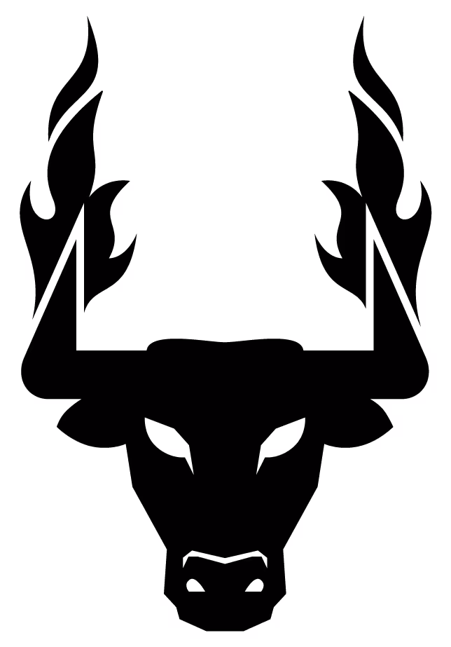 Black silhouette of a bull's head with stylized flame-shaped horns.