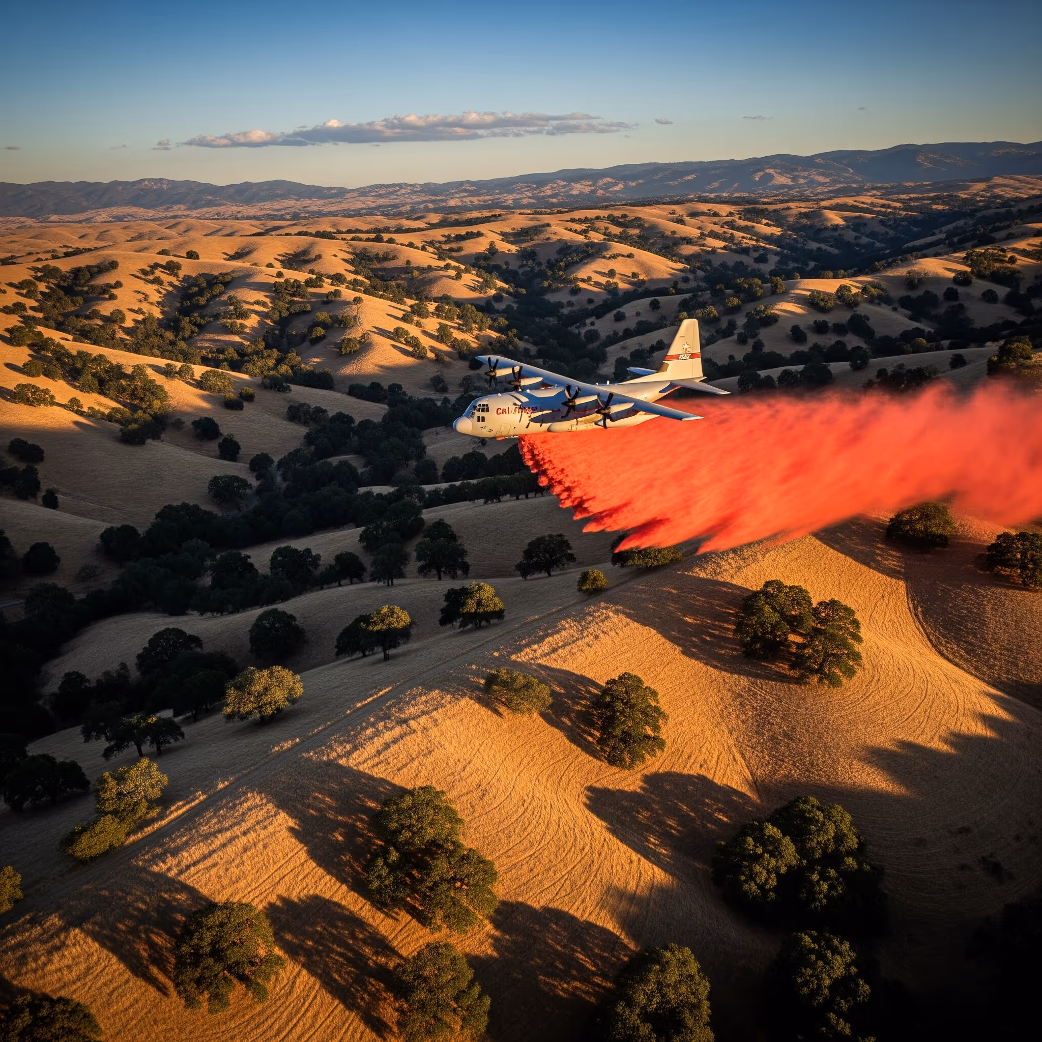 An air tanker dropping a long plume of red fire retardant over remote, dry California hills.