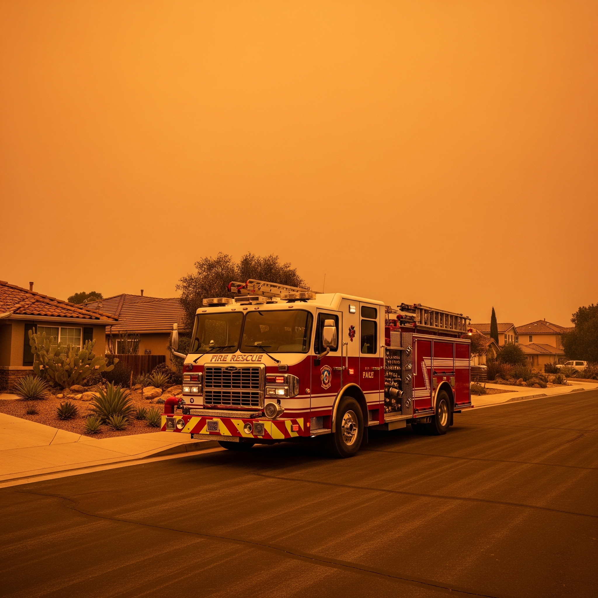 A single fire engine parked on a suburban street, with the sky filled with thick orange smoke from a nearby wildfire.