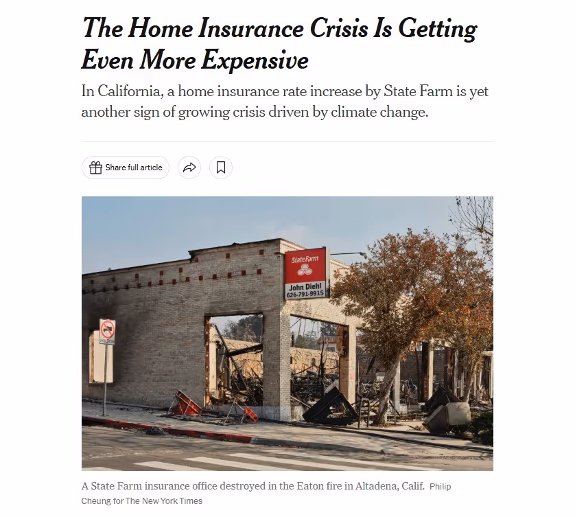 New York Times article thumbnail discussing the home insurance crisis