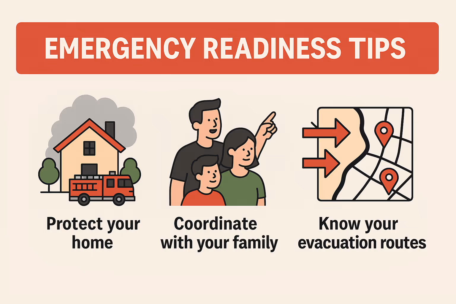 Emergency readiness tips with illustrations: Protect your home with a house and fire truck, coordinate with your family showing three people, and know your evacuation routes with a map and location markers.