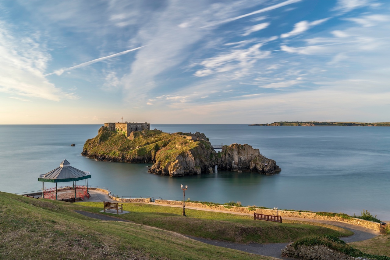 St. Catherine's Island in Tenby at sunrise, with the fort surrounded by the high tide