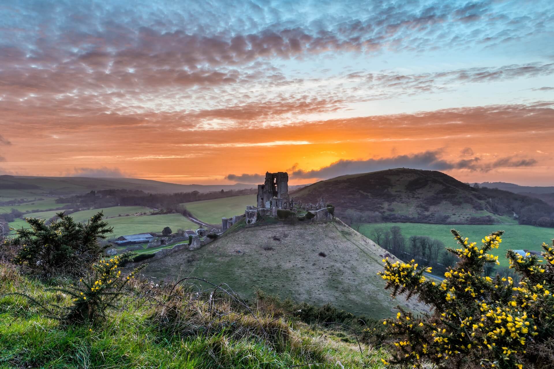Corfe Castle ruins on a green hill at sunset.