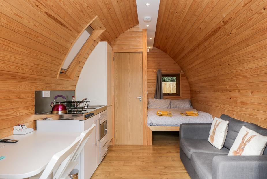Cabin interior with wood panelling, kitchenette, sofa and double bed in open-plan layout