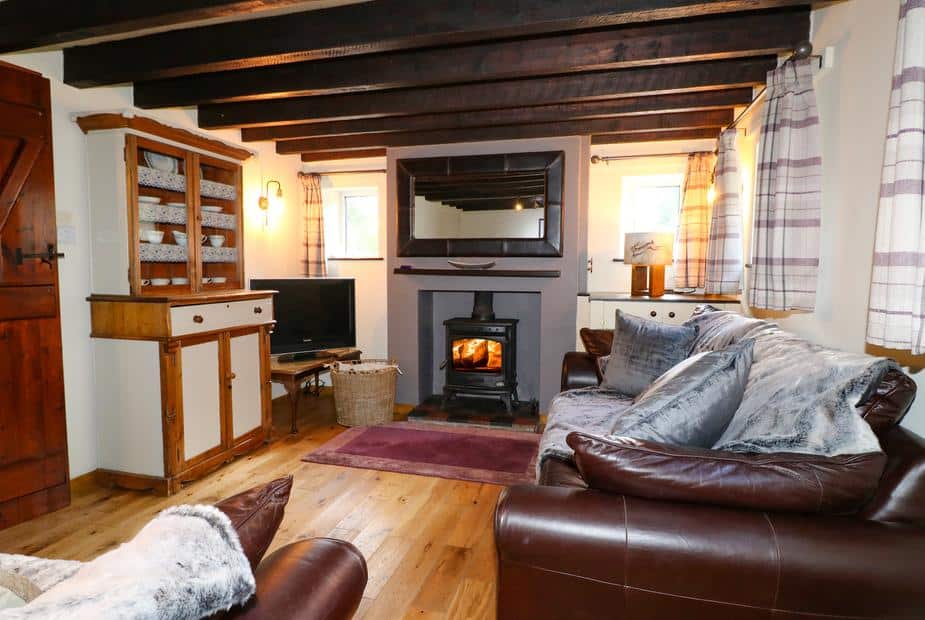 Lounge with wood-burning stove and leather sofas