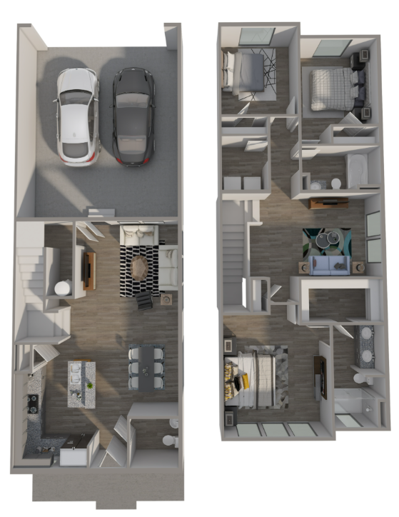 Floor plan rendering of the two-story Muirfield townhome model, featuring three bedrooms, open living areas, and a private two-car garage.