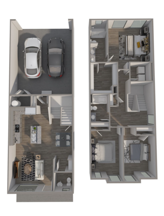 Floor plan rendering of the two-story Melbourne townhome model, showing three bedrooms on the second floor and a private two-car garage on the first floor.