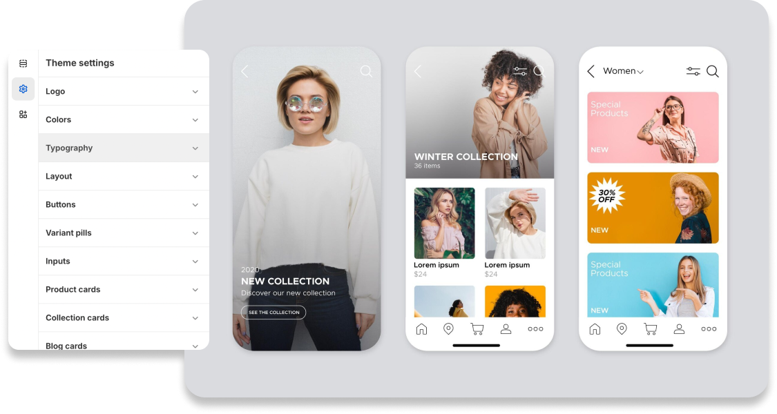 Mobile UI mockups showing fashion layouts and theme settings for a custom e-commerce site
