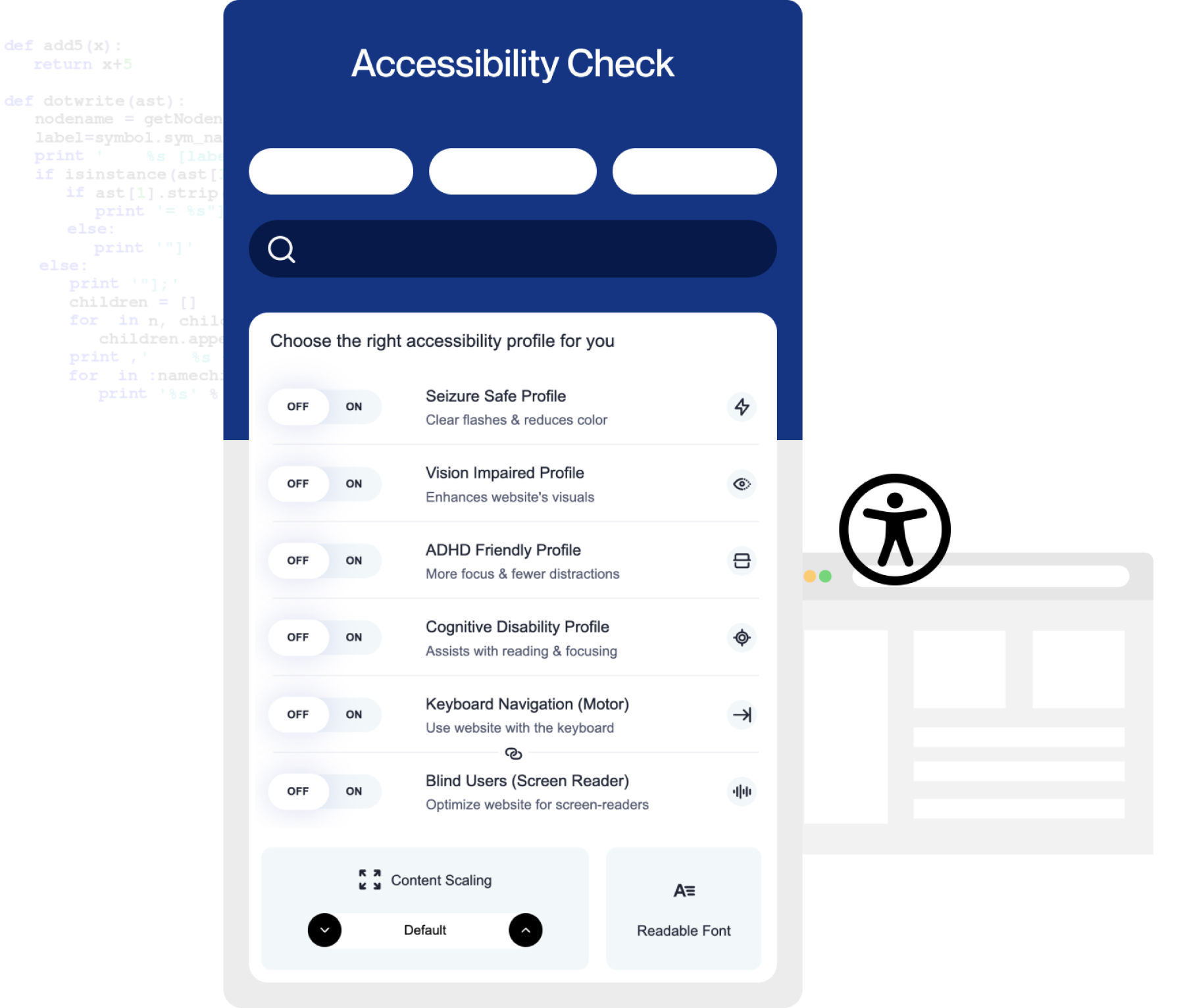 Website accessibility check widget with user profiles, integrated as part of our inclusive web design services