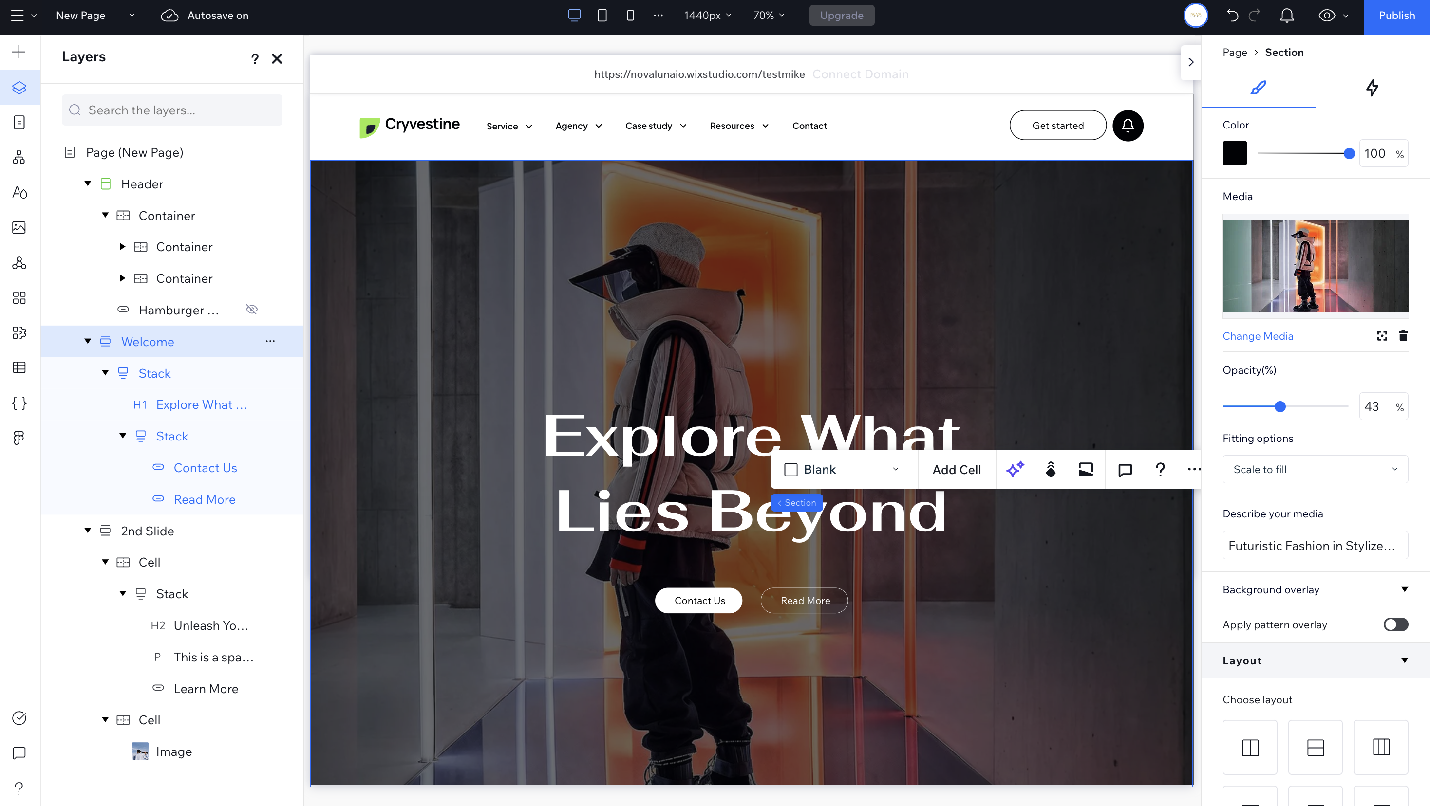 Dark mode website editor interface showcasing our custom wix site design capabilities