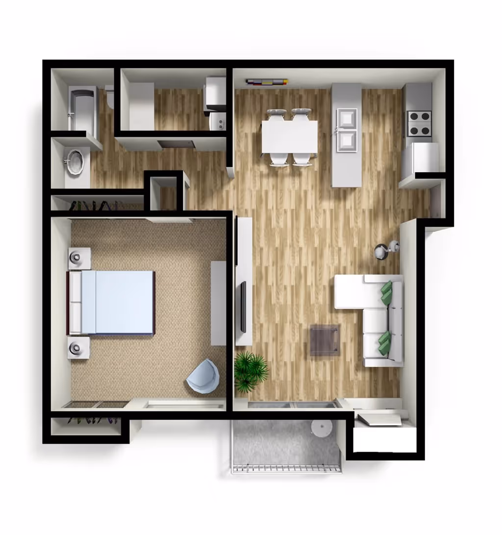 Floor plan rendering for the 1-bedroom, 1-bathroom "Willows" model at Villas at Holly in Centennial, CO, featuring a living room, dining area, and a private balcony.