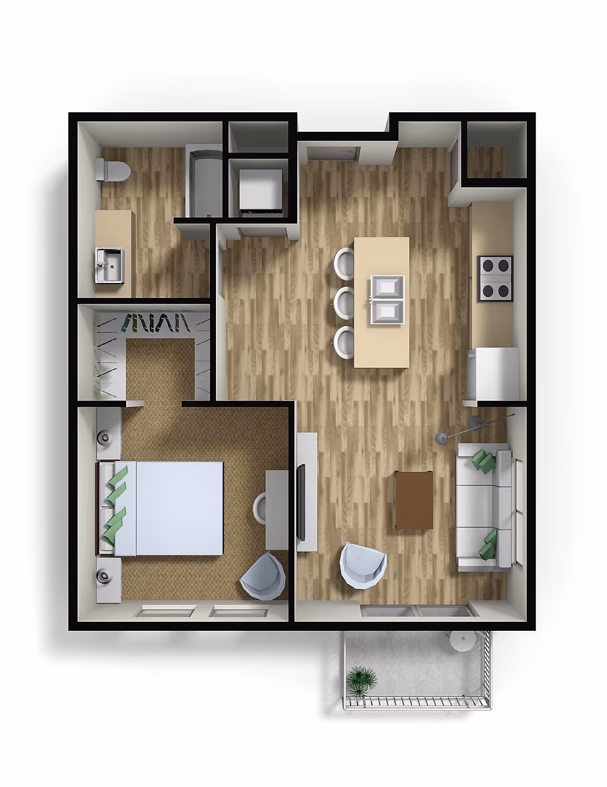 Floor plan rendering for a 1-bedroom, 1-bathroom apartment at Villas at Holly in Centennial, CO, with a large open-concept living area and a private patio.