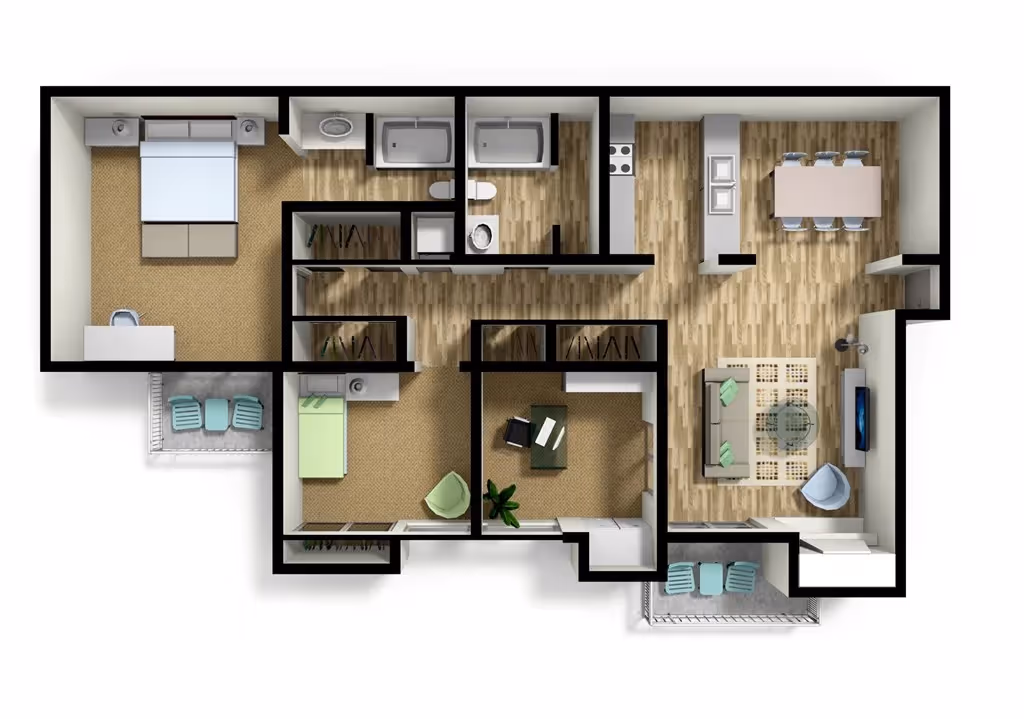 Floor plan rendering for the 2-bedroom, 2-bathroom "Cottonwood" model with a den at Villas at Holly in Centennial, CO, showcasing a large, open layout.