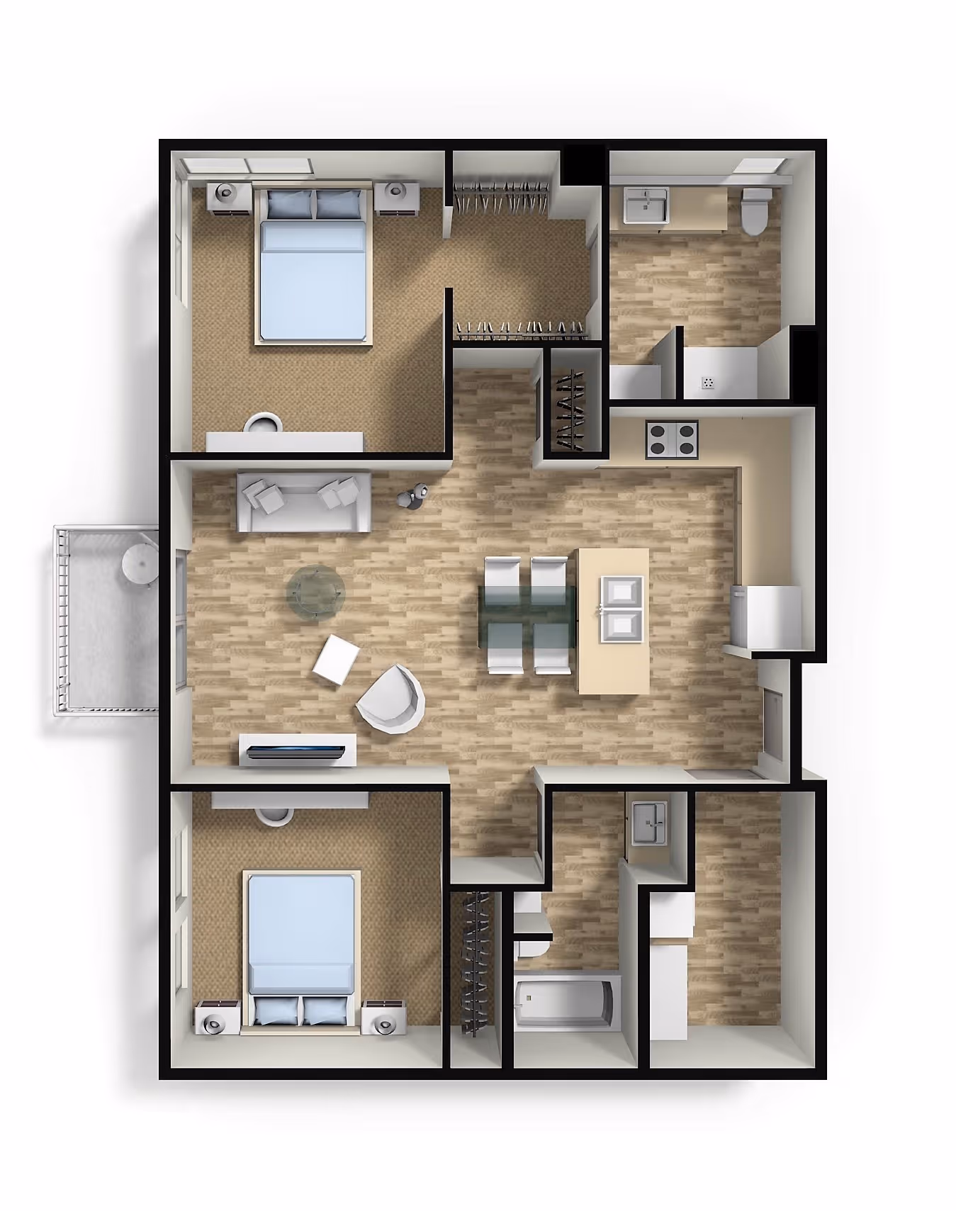 Floor plan rendering for a 2-bedroom, 2-bathroom apartment at Villas at Holly in Centennial, CO, detailing a living room, dining area, and two bedrooms with walk-in closets.