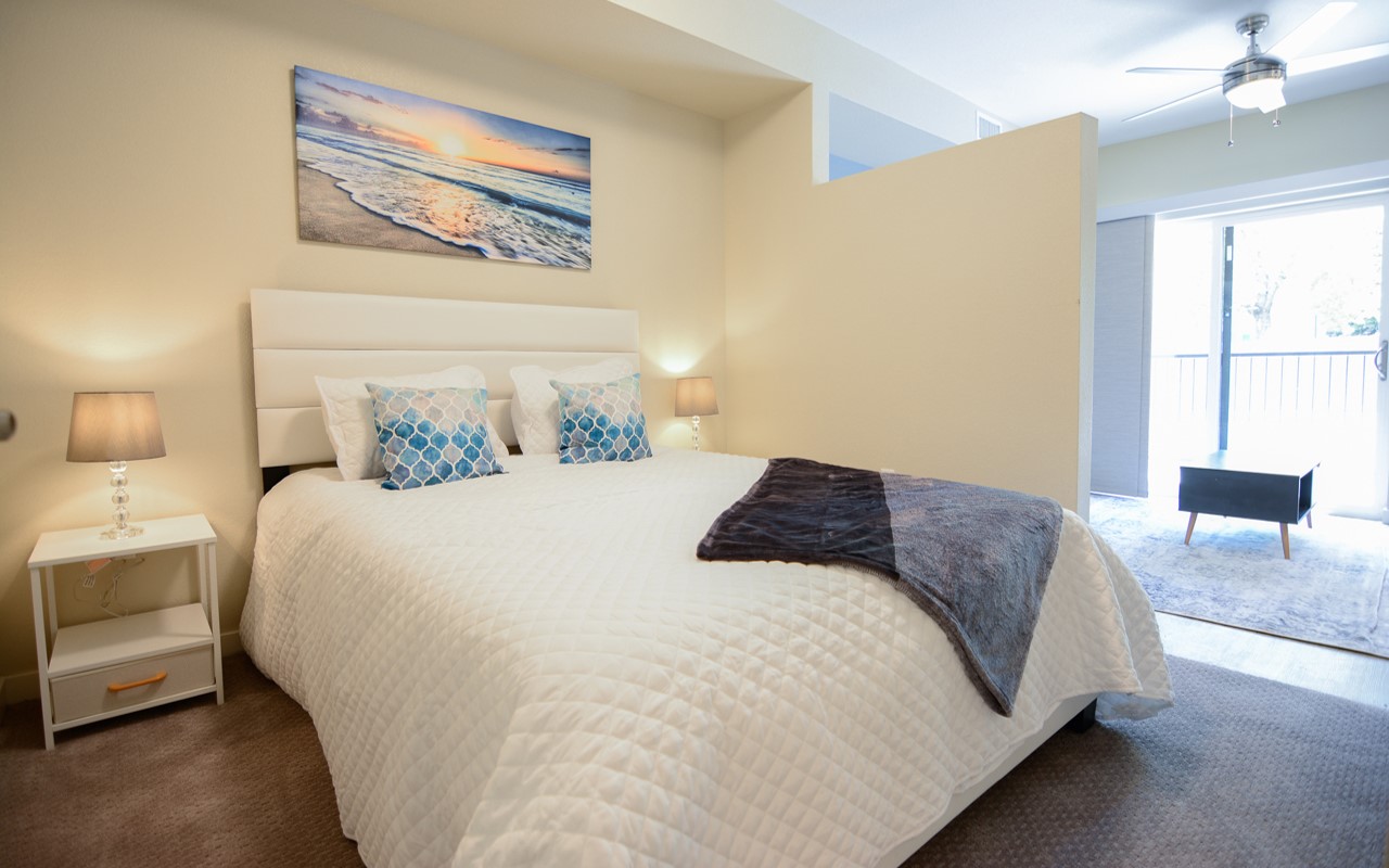 Bedroom with black and grey comforter