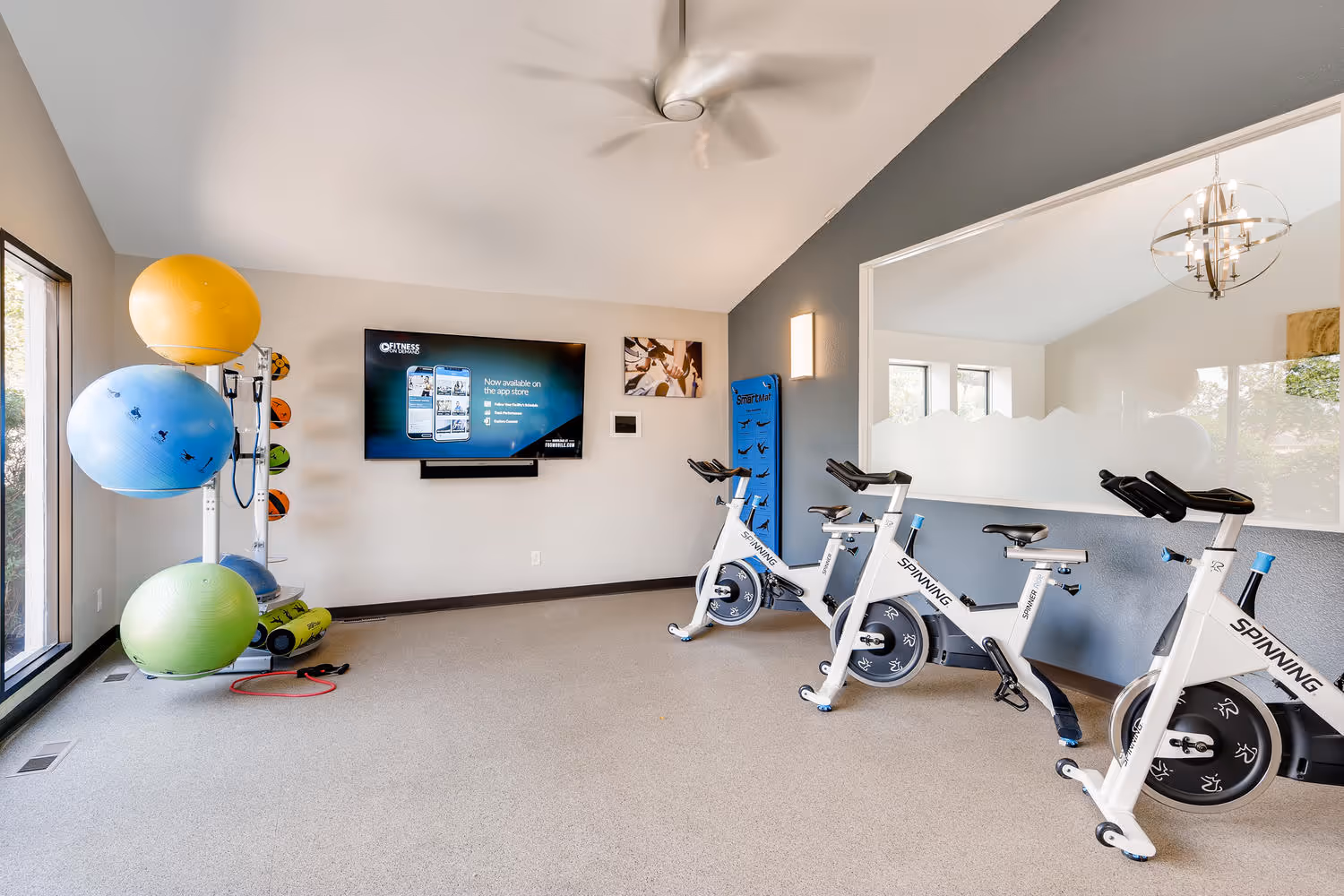 Dedicated spin bike area in the fitness center with exercise balls and a large mounted TV, at Villas at Holly in Centennial, CO.