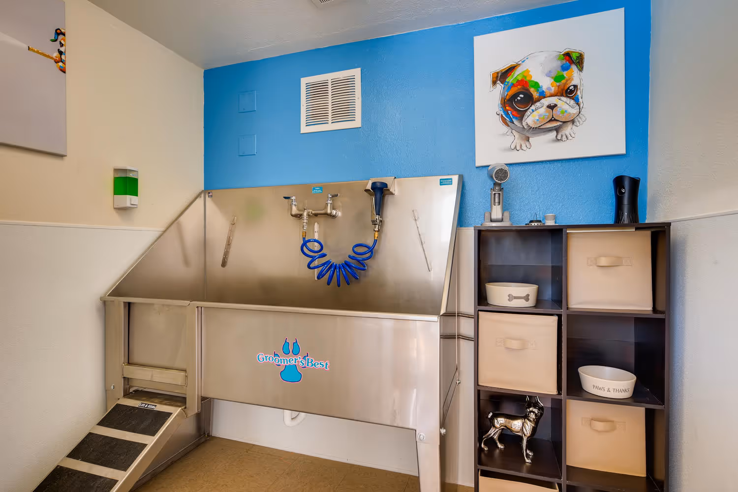 On-site pet washing station with a stainless steel tub, blue walls, and dog-themed art, a pet-friendly amenity at Villas at Holly in Centennial, CO.