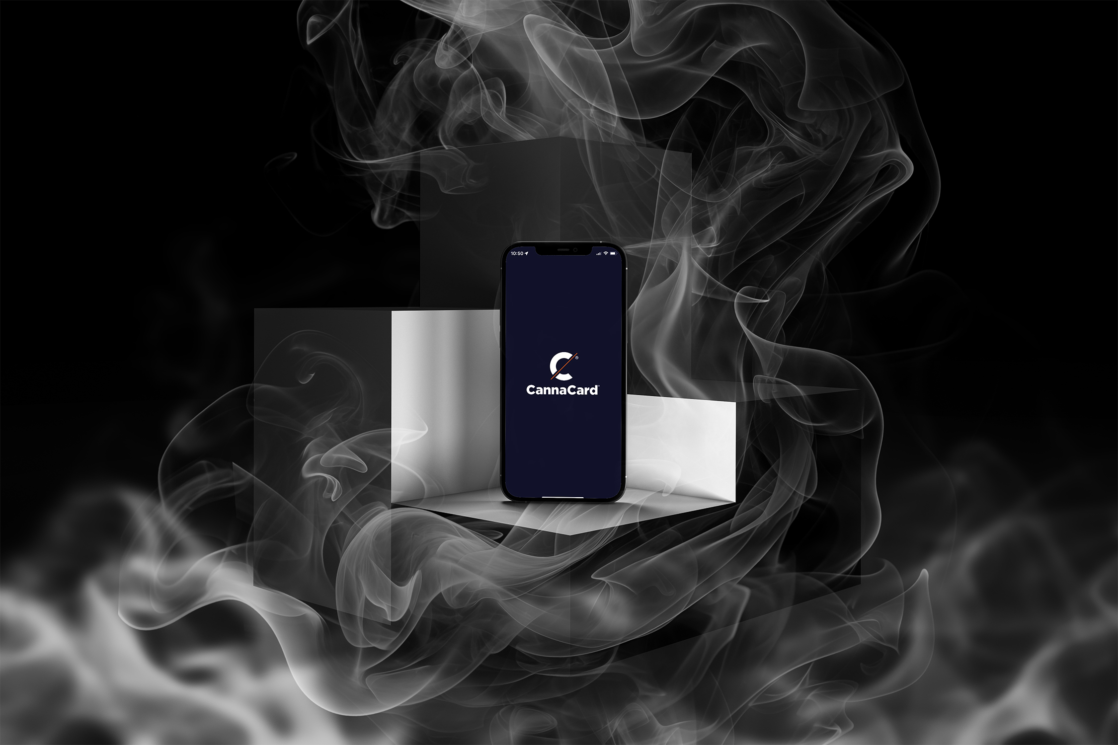 CannaCard welcome screen displaying on a smartphone with smoke in the background.