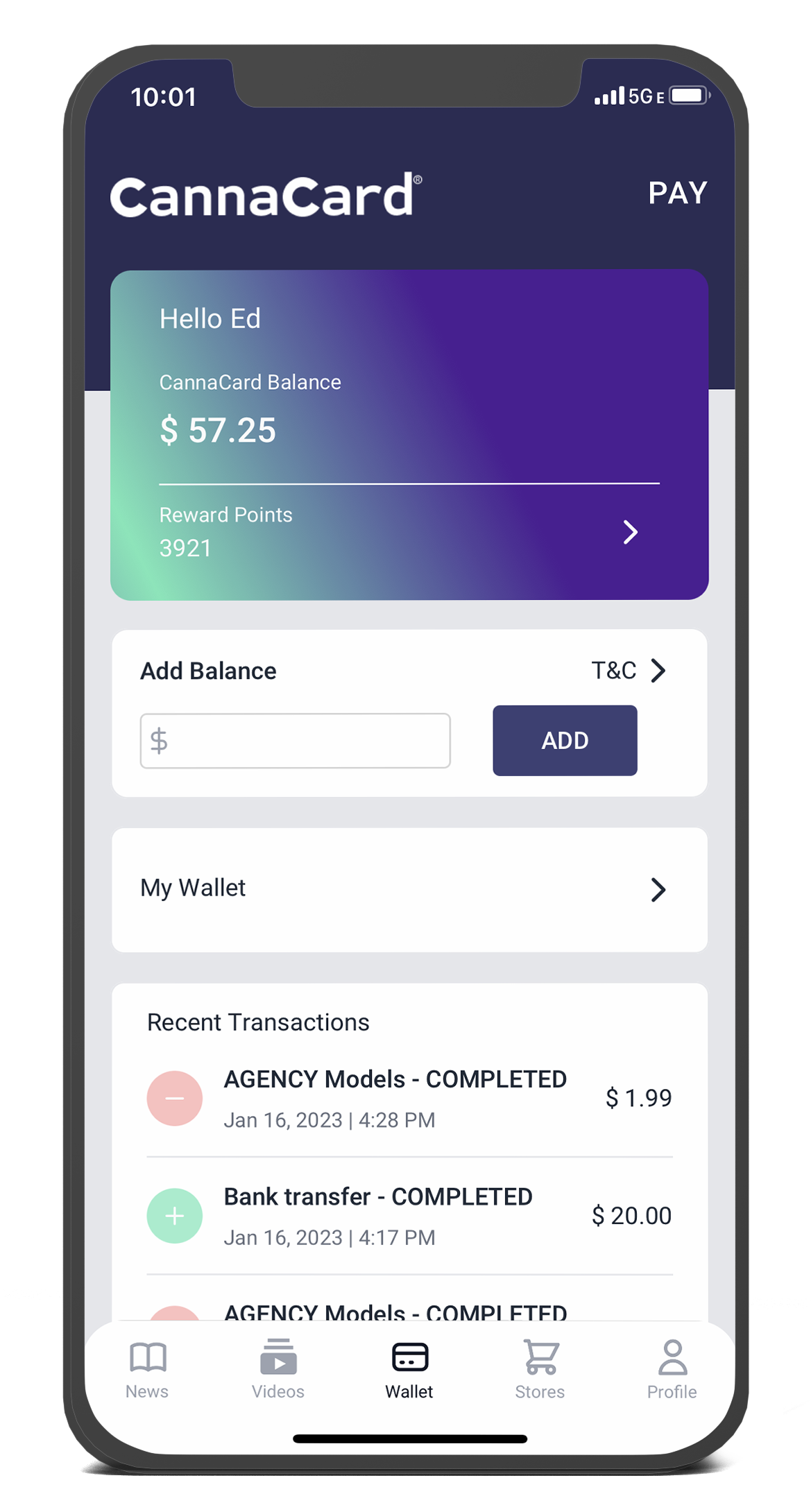 CannaCard app screen with payment and balance shown