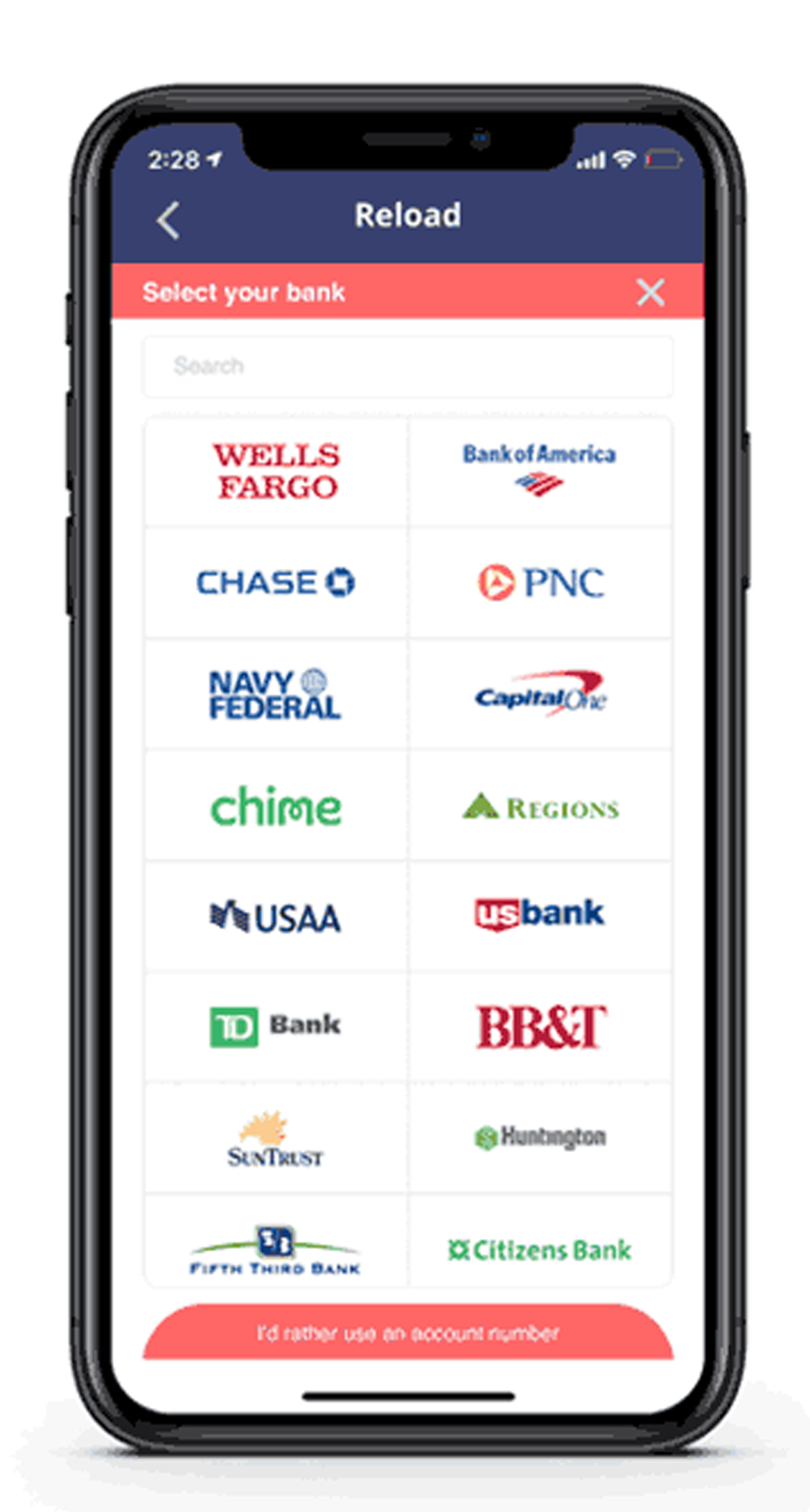 Mobile app screen showing a bank selection menu with logos of major US banks like Wells Fargo, Bank of America, Chase, PNC, Navy Federal, Capital One, Chime, Regions, USAA, US Bank, TD Bank, BB&T, SunTrust, Huntington, Fifth Third Bank, and Citizens Bank.
