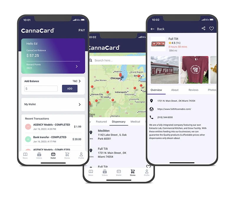 Three smartphone screens showing CannaCard app features including wallet balance, transaction history, map with dispensary locations, and detailed dispensary information.