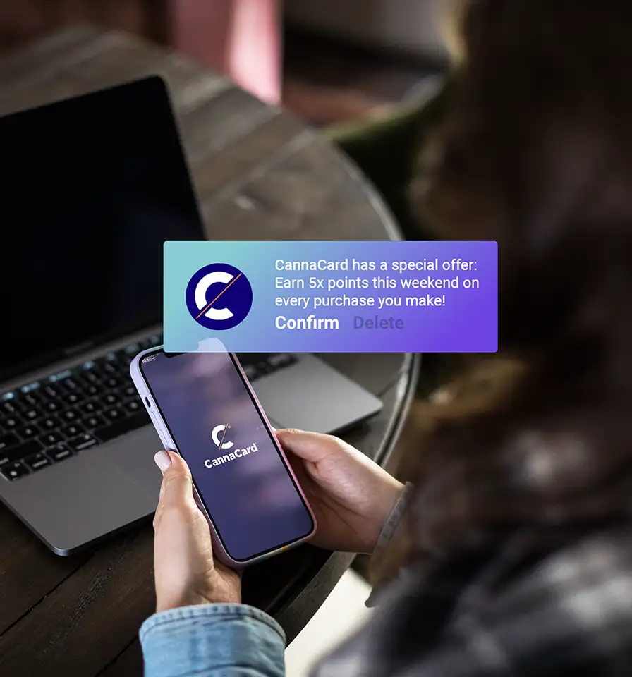 Person holding a smartphone displaying the CannaCard app logo with a notification offering 5x points this weekend and options to Confirm or Delete.