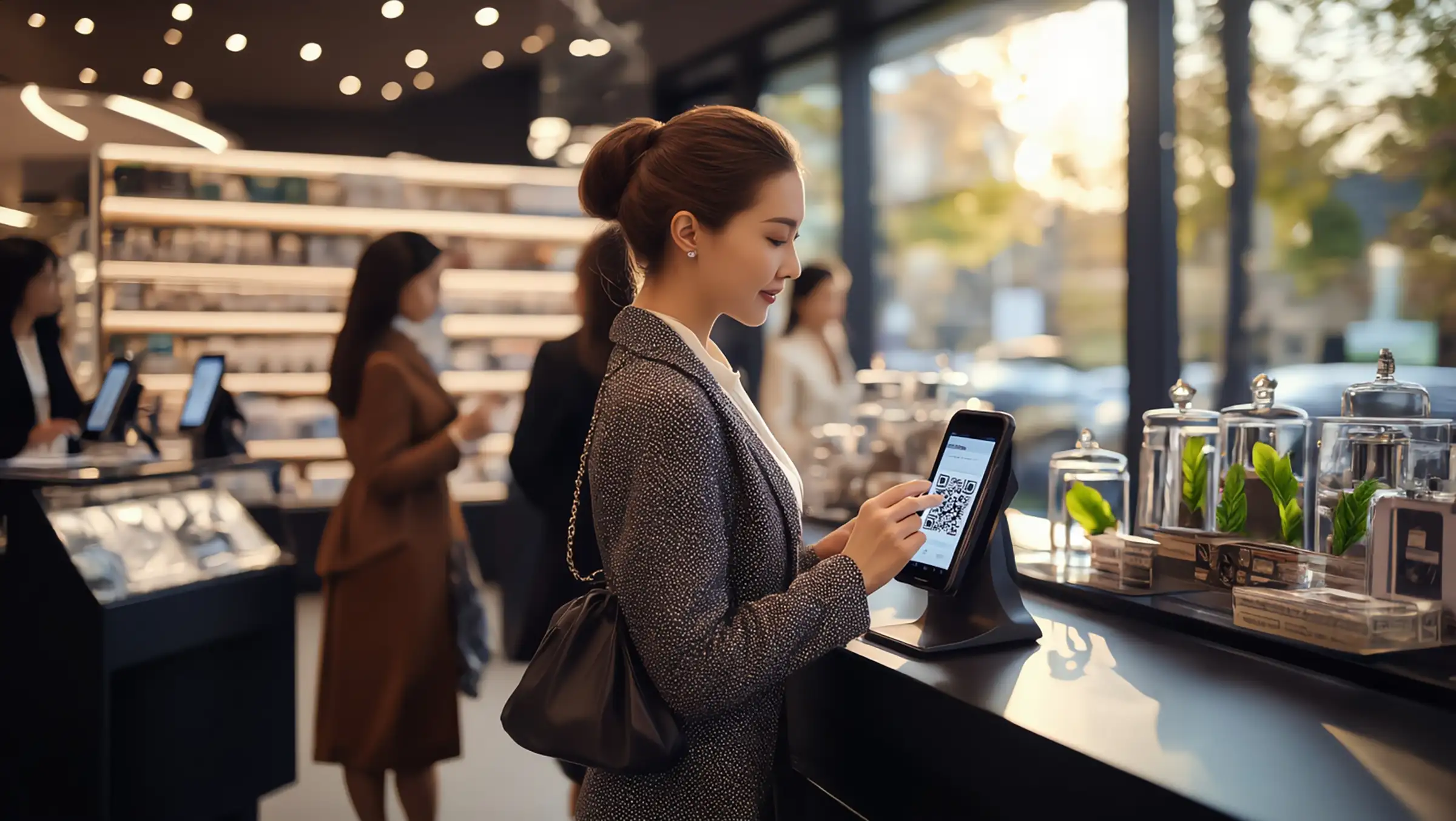 Woman scanning a QR code on a digital device at a store counter with glass jars and products nearby.