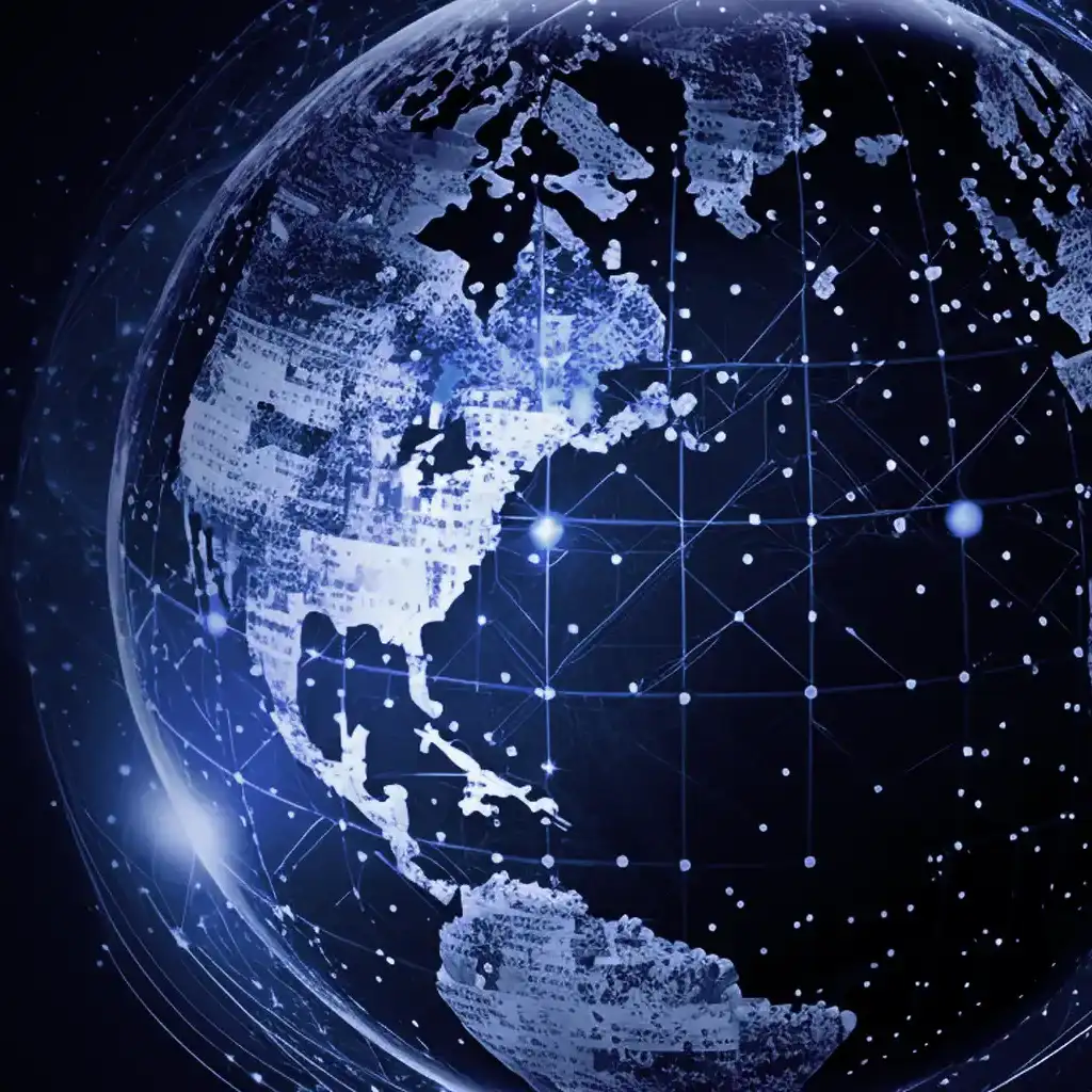 Digital globe showing North and South America with interconnected network nodes on a dark background.