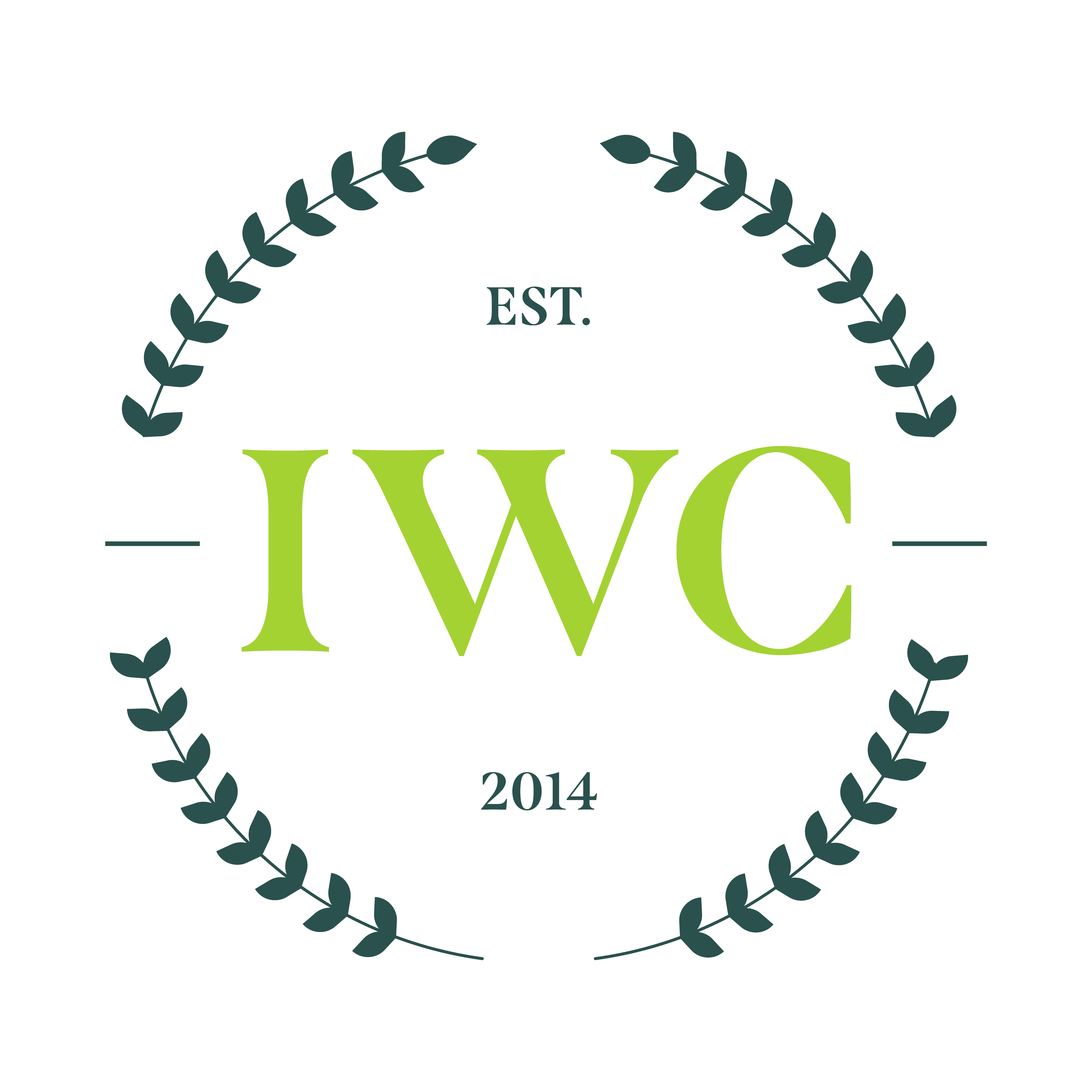 IWC logo with green letters and laurel wreath on black background, established 2014.