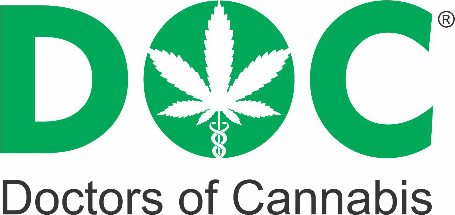 Green letters D and C with a cannabis leaf and medical caduceus symbol forming the O in DOC, with text 'Doctors of Cannabis' below.