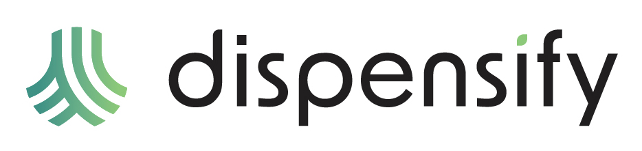 Dispensify wordmark logo with stylized green and teal abstract emblem.