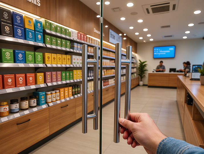 Hand opening a glass door of a well-lit retail store with colorful shelves of products and two people at the checkout counter in the background.