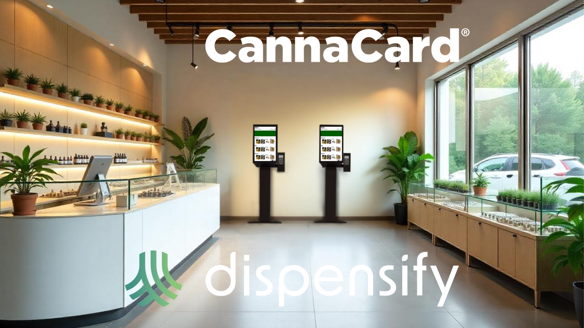 Modern dispensary interior with white counters, plants, large windows, and two touchscreen kiosks in the center.