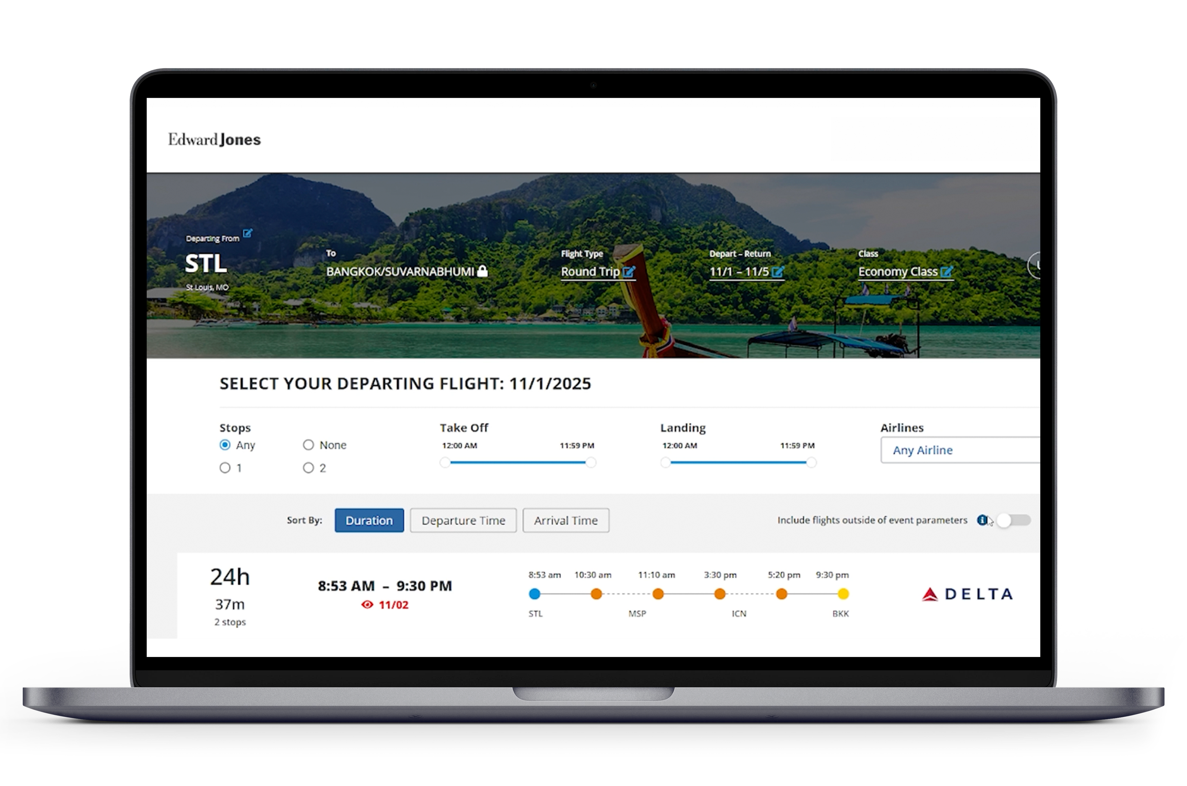 Preview of the flight booking on the Demo Site