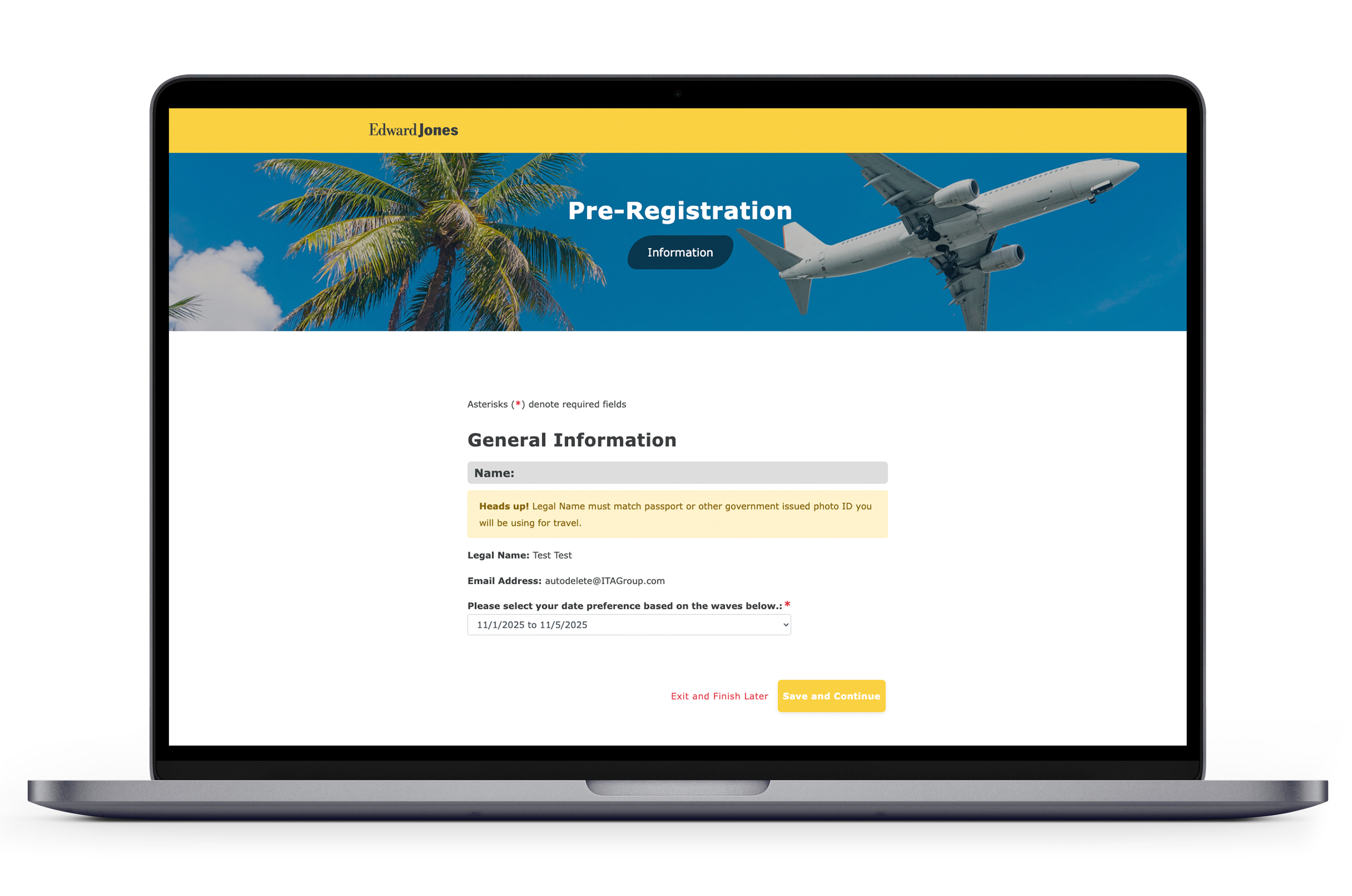 Preview of the Pre-Registration screen on the Registration Demo Site