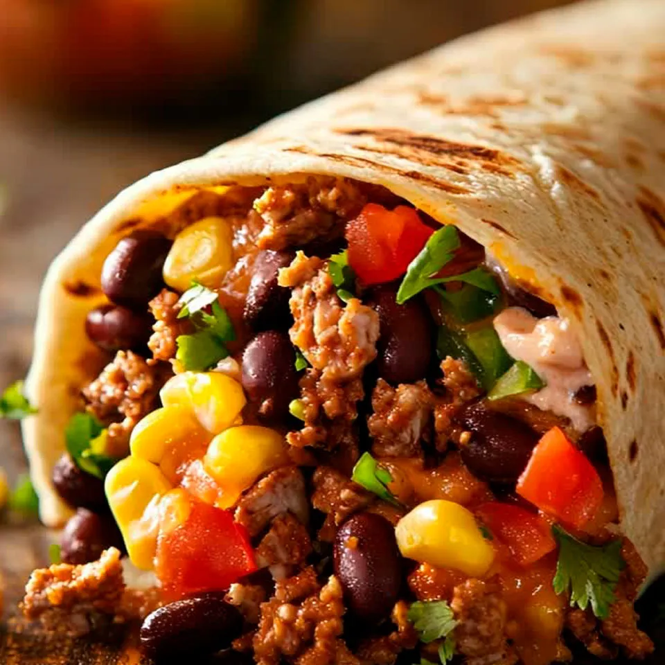 Burrito with ground beef, corn, beans, tomato and coliandro.