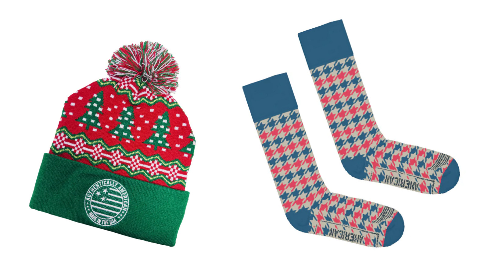 Christmas-themed red and green beanie with vintage themed houndstooth socks.