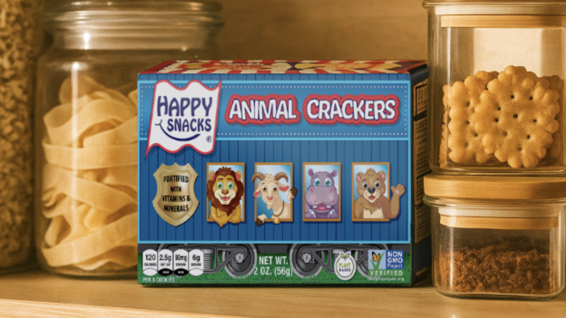 Market Square Food Happy Snacks Animal Crackers on a shelf with other food items.