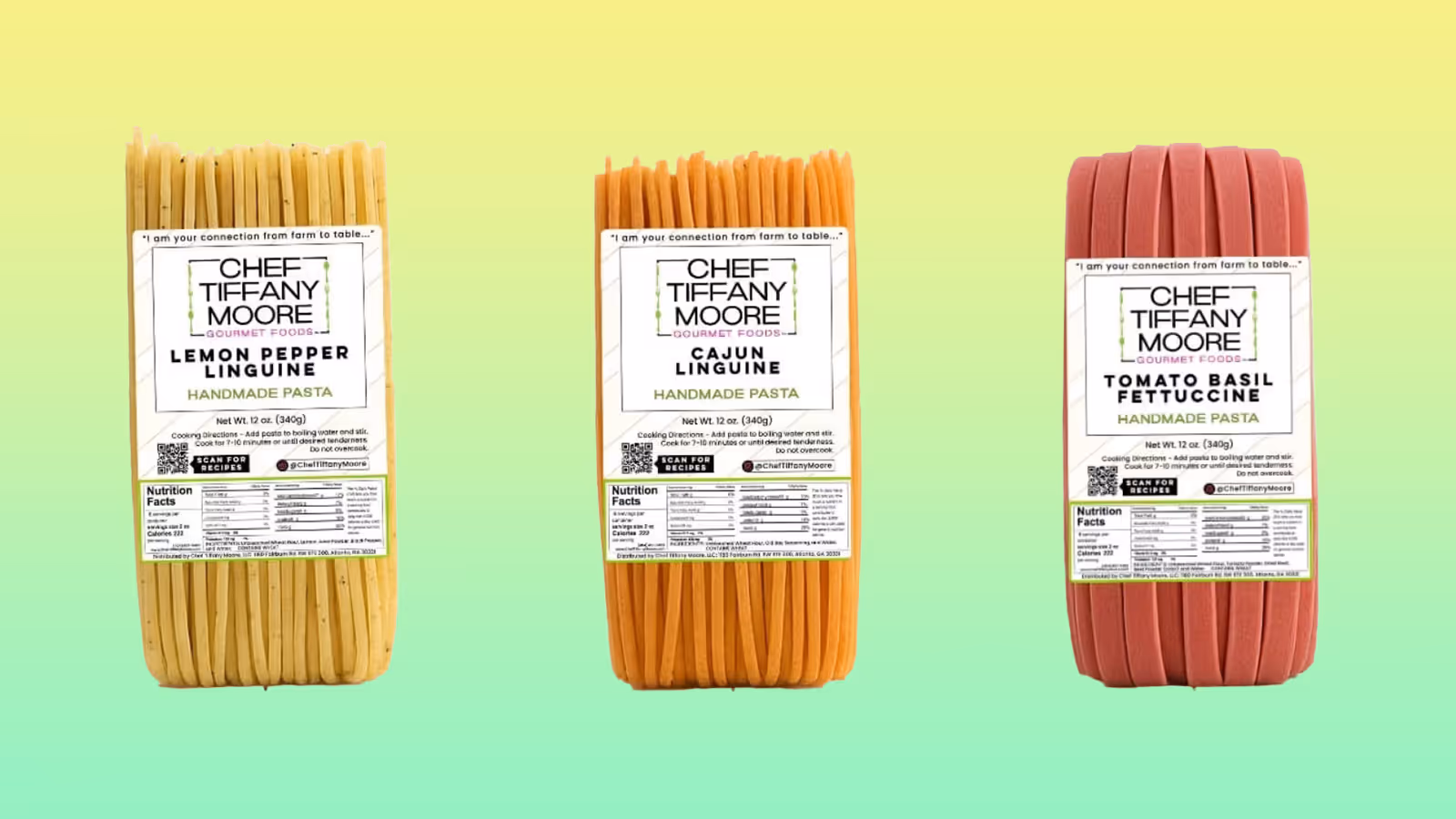 Chef Tiffany Moore pasta, Lemon Pepper Linguine, Cajun Linguine, Tomato Basil Fettucine.