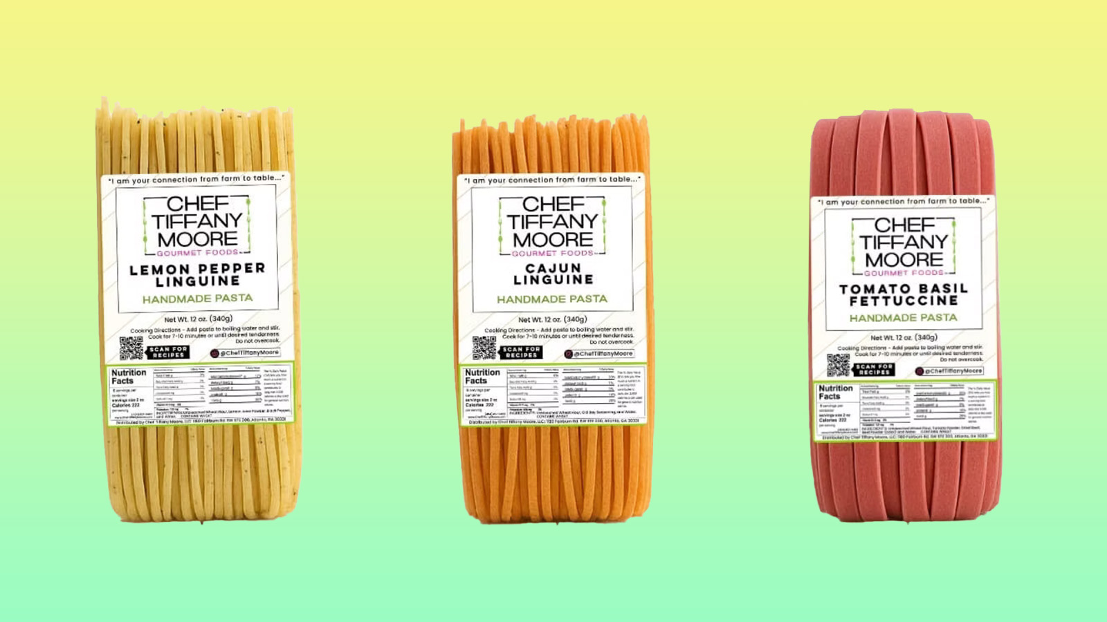 Chef Tiffany Moore pasta, Lemon Pepper Linguine, Cajun Linguine, Tomato Basil Fettucine.