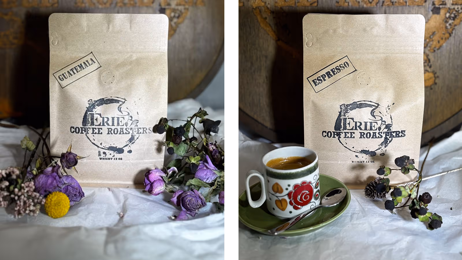 Erie Coffee Roasters bags of Guatemala and Espresso coffee with decorative flowers.